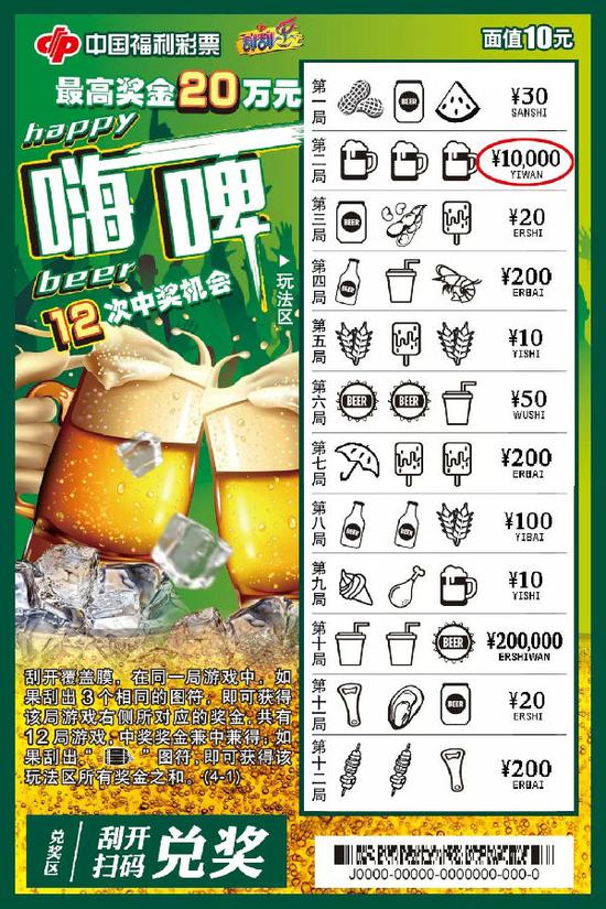 (福彩刮刮乐新票“嗨啤”及其刮开画面。)