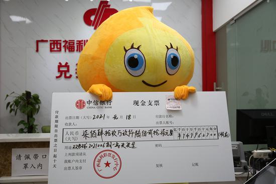 图为幸运儿王先生(化姓)手持奖金支票与中奖彩票