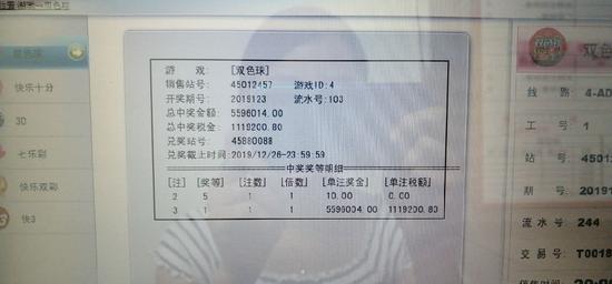 中奖当晚在投注机在显示的一等奖(洪小明提供)