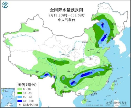 全国降水量预报图(9月15日08时-16日08时)