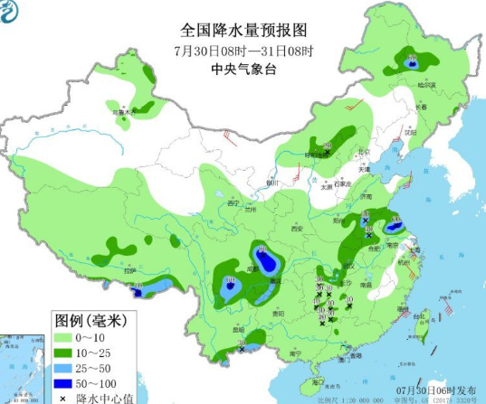 全国降水量预报图(7月30日08时-31日08时)