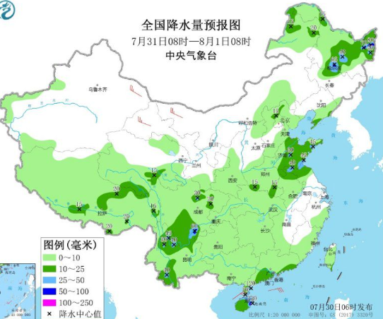 全国降水量预报图(7月31日08时-8月1日08时)