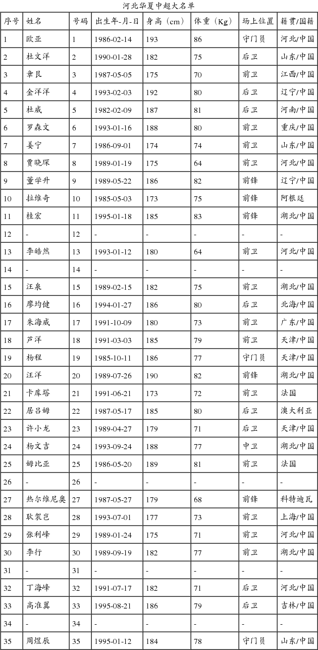 华夏中超大名单:拉维奇10号