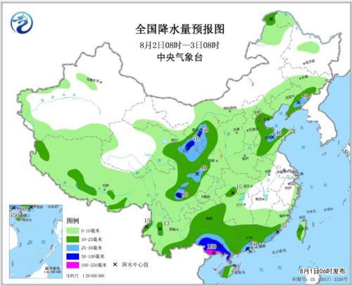 全国降水量预报图(8月2日8时-3日8时)