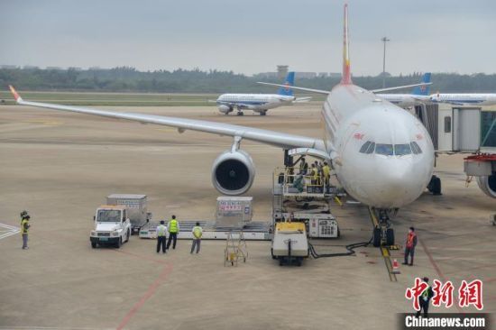 图为21日下午，海南航空航班运送医疗队前往武汉。　洪坚鹏　摄