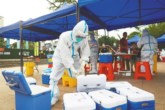  8月5日，在海口市琼山区云龙镇的核酸检测点，医护人员在整理样本。