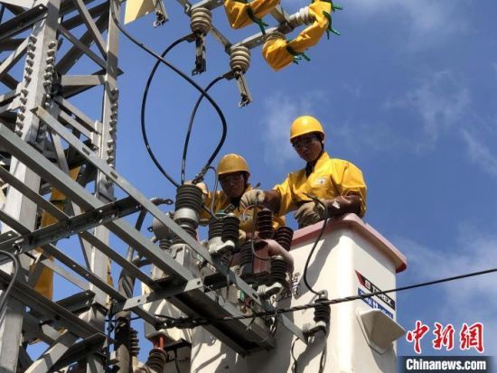 南方电网海南海口供电局工作人员正在开展不停电作业。　杨永光　摄