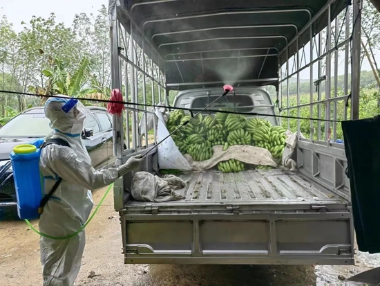 ▲防疫工作人员正在给果蔬运输车消杀。