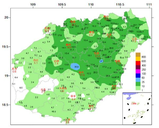 2021年10月12日08时~13日06时全岛雨量图 （单位：毫米；图中红色数字为城区测站雨量，黑色数字为乡镇自动站雨量）