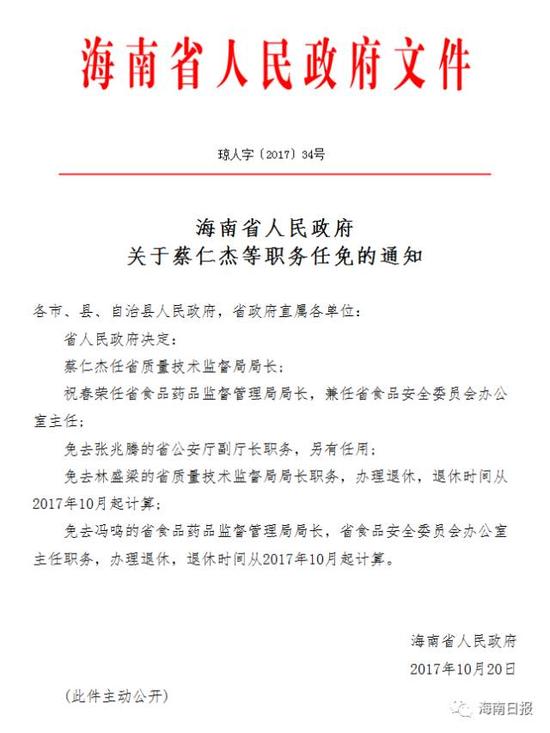 海南任免一批领导干部 祝春荣任省食药监局局长