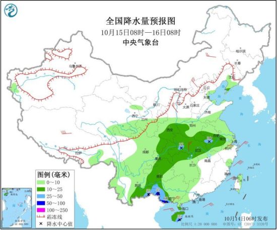 全国降水量预报图（10月15日08时-16日08时）