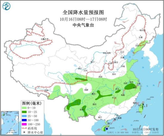 全国降水量预报图（10月16日08时-17日08时）