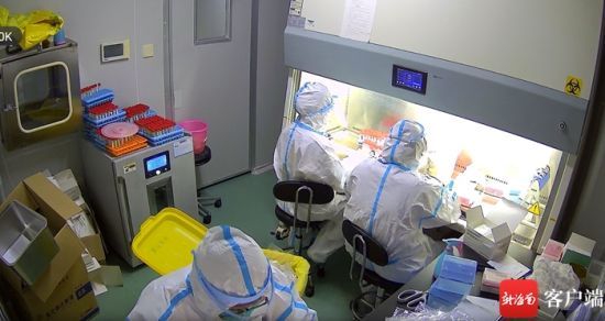  8月1日凌晨3点，海口市人民医院中心实验室，核酸检测人员在忙着检测。医院提供