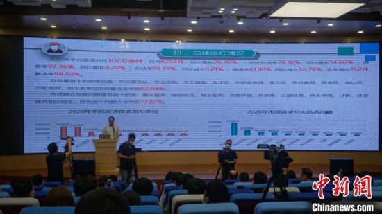 劉春林介紹12345海口市民服務智慧聯動平臺2020年大數據分析情況。符宇群 攝