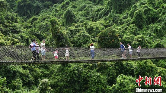 图为在亚龙湾热带天堂森林公园，游客从“过江龙”索桥上走过。　黄庆优 摄