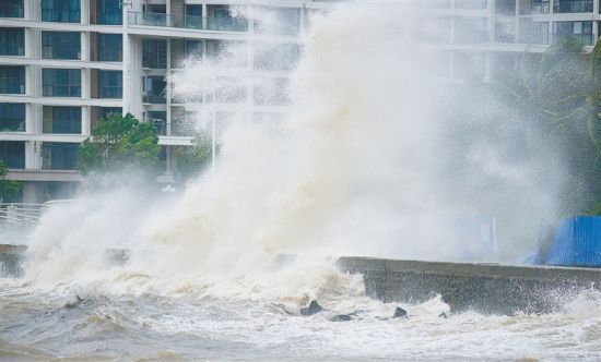 10月13日上午，海口市杜鹃路海边沿岸，大浪拍岸。 本报记者 封烁 摄