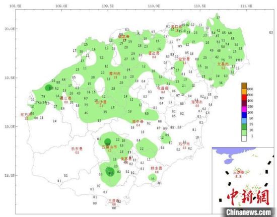 2021年1月11日08时～18日08时全岛各地降雨量(单位：毫米)。海南省气象服务中心 供图