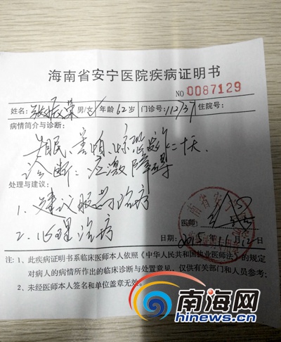 海南省安宁医院将张振荣老人的病情诊断为应激障碍。(南海网记者 周静泊 摄)