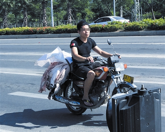 三亚农贸市场仍用摩托车裸运猪肉 市民直呼恶