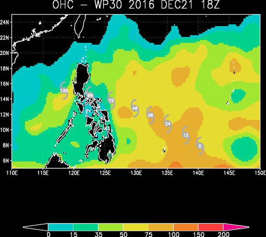 22日02时监测到的西北太平洋海域海洋热容量及“洛坦”未来可能的移动路径