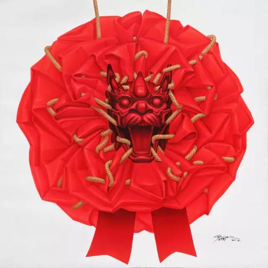 《大红花之十二生肖系列—龙首》 作者：黎国兴油画 190X190CM  底价16万