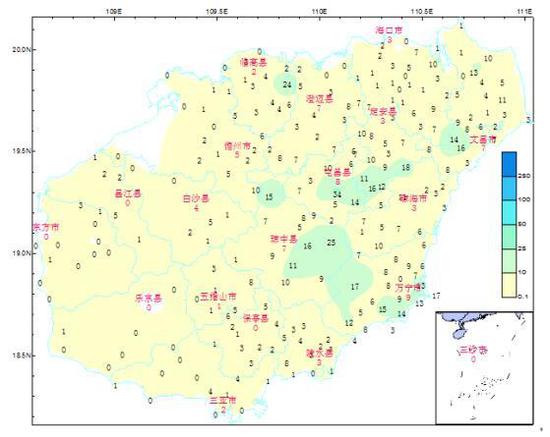 图12017年2月13日08时~20日08时全岛雨量（单位：毫米；图中红色数字为城区测站雨量，黑色数字为乡镇自动站雨量）