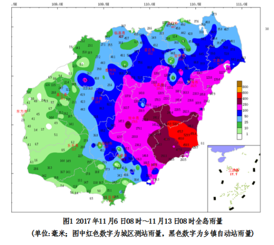 图为11月6日8时-13日8时全岛降水统计。