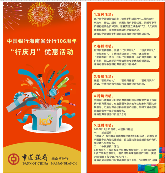 海南中行推出“行庆月”系列优惠活动 不同客群多样好礼