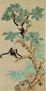 张大千 檞树双猿 275×107cm 纸本设色 20世纪 中央美术学院美术馆藏