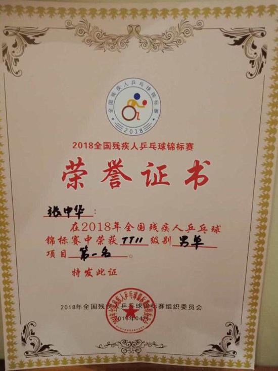 海师学子张中华同学荣获2018年全国残疾人乒乓球锦标赛冠军