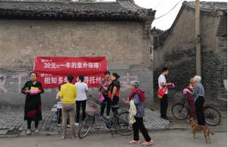 图：工作人员走村入户开展小额保险政策宣传讲解