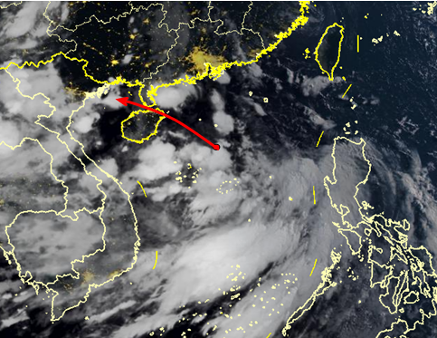 南海热带低压7月30日傍晚到夜间可能生成位置及移动方向示意图