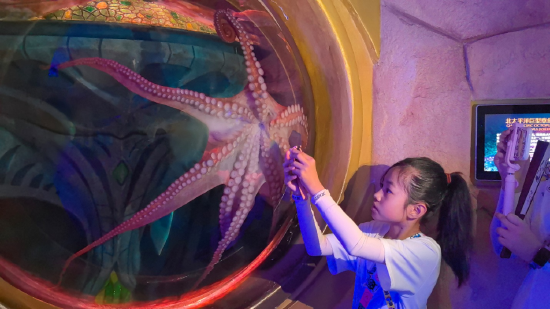 游客在失落的空间水族馆观赏北太平洋巨型章鱼
