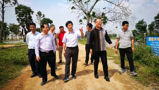 中华文学史料学学会副会长陈才智先生（中）与专家们沿江岸徒步考察。