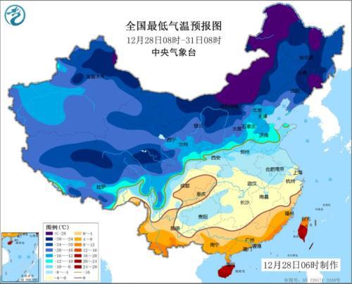 全国最低温度预报图（12月28日08时-31日08时）