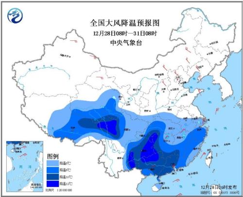 全国大风降温预报图（12月28日08时-31日08时）