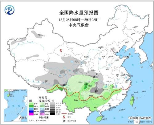 全国降水量预报图(12月28日08时-29日08时)