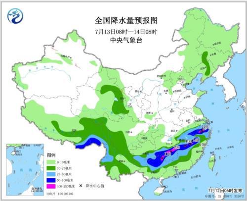 全国降水量预报图（7月13日08时-14日08时）