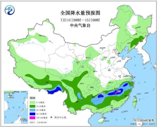 全国降水量预报图（7月14日08时-15日08时）