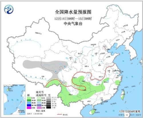 全国降水量预报图（12月14日08时-15日08时）