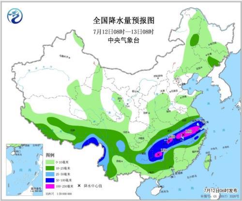 全国降水量预报图（7月12日08时-13日08时）