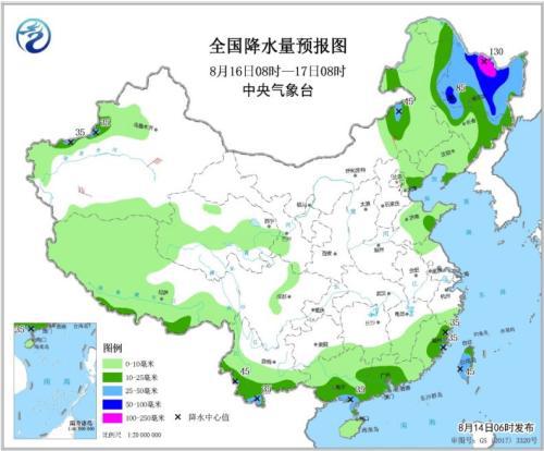 全国降水量预报图（8月16日08时-17日08时）