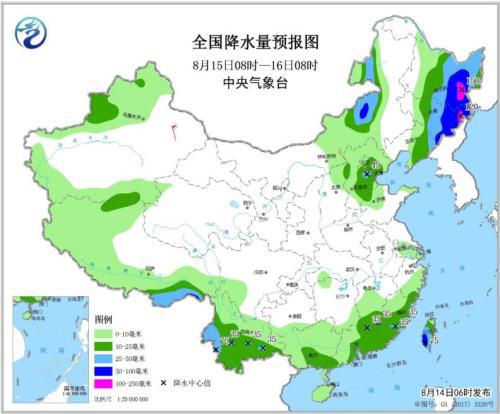 全国降水量预报图（8月15日08时-16日08时）