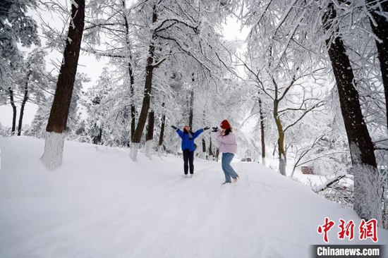 游客在百里荒赏雪。　秦先寿 摄