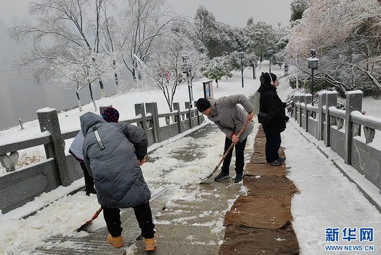 武汉园林工人清理道路积雪铺设防滑垫子。新华网发（武汉市园林和林业局供图）