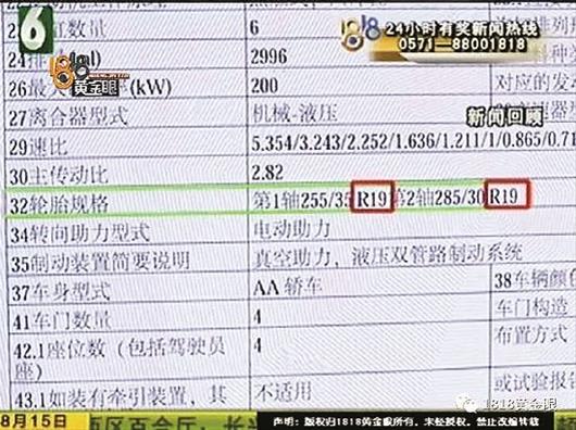 图为实车为18寸轮胎报关单标注19寸（红框处）