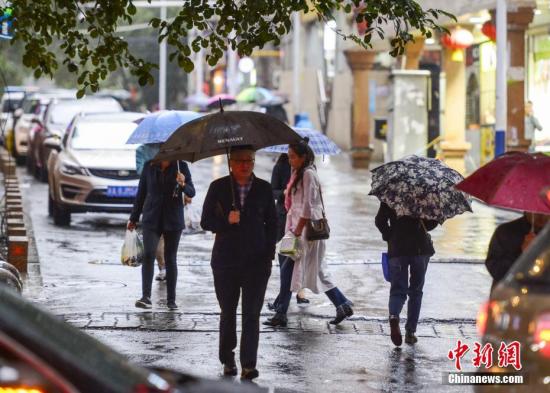 资料图：民众在雨中出行。中新社记者 刘新 摄