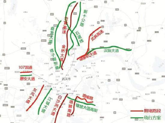 图为:进出城拥堵路段及绕行建议