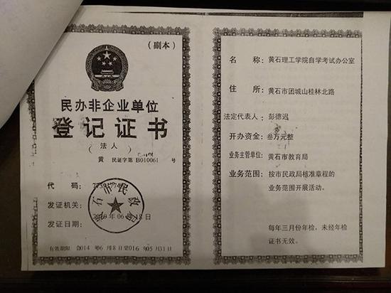 自考办民非登记证书 。