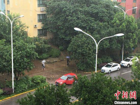 　　4日，武汉出现强降雨，市民雨中出行　马芙蓉　摄